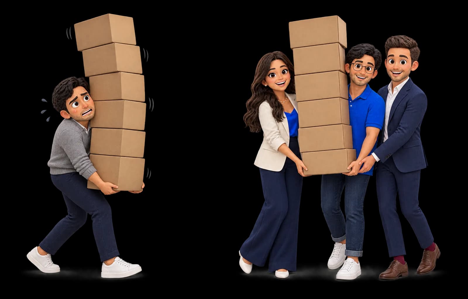 One person bent under a stack of boxes, next to a team of three carrying the same stack together