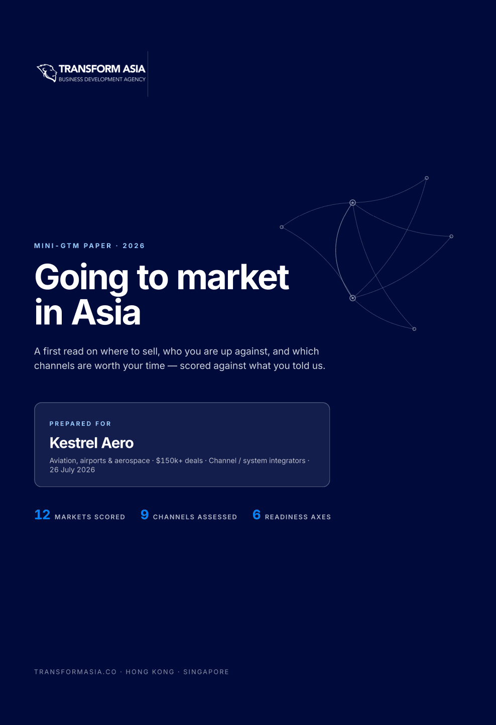 The paper's navy cover, reading Going to market in Asia, prepared for a named company, with counts of twelve markets scored, nine channels assessed and six readiness axes.