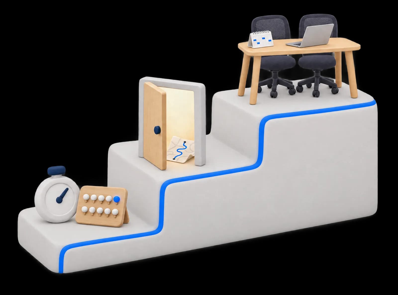 Three steps rising: a stopwatch, an open door onto a map, and a desk with two chairs